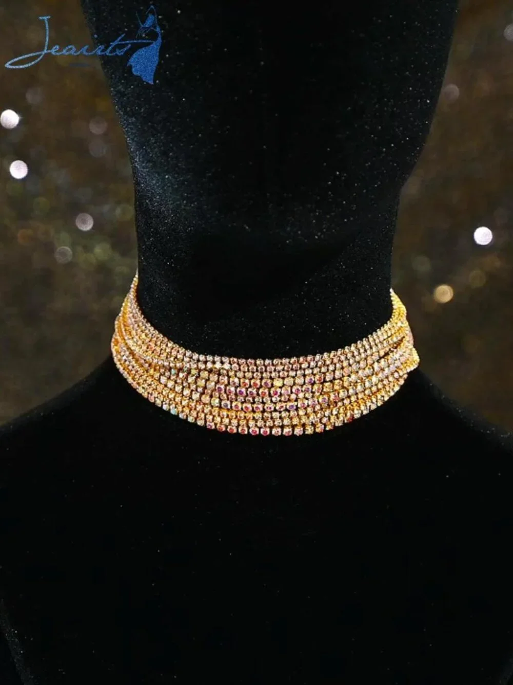 Multi-Layer Rhinestone Crystal Choker Necklace with Adjustable Chain